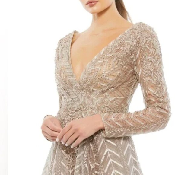 Mac Duggal Embellished Illusion 18 Long Sleeve Taupe A-line Gown Sparkly Taupe - Picture 3 of 7
